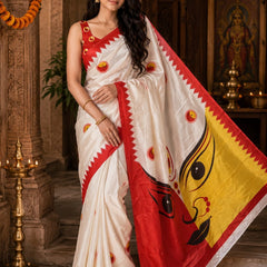 White Satin Blend Durga Face Print Festive Saree with Red Border