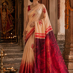 Peach Satin Blend Trishul Print Saree with Maroon Temple Pallu