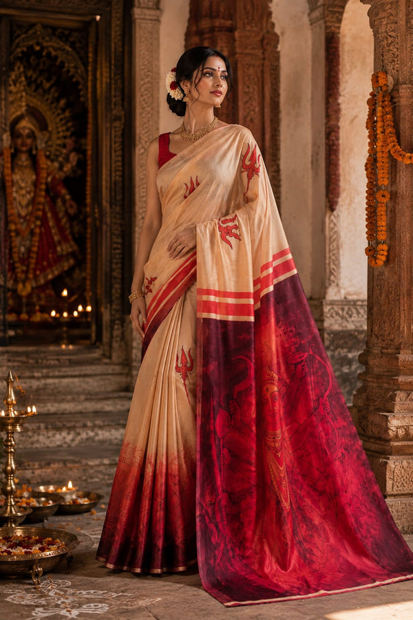 Peach Satin Blend Trishul Print Saree with Maroon Temple Pallu