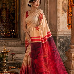Peach Satin Blend Trishul Print Saree with Maroon Temple Pallu