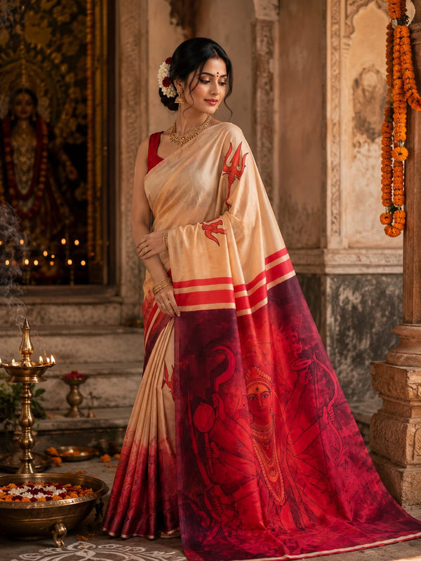 Peach Satin Blend Trishul Print Saree with Maroon Temple Pallu