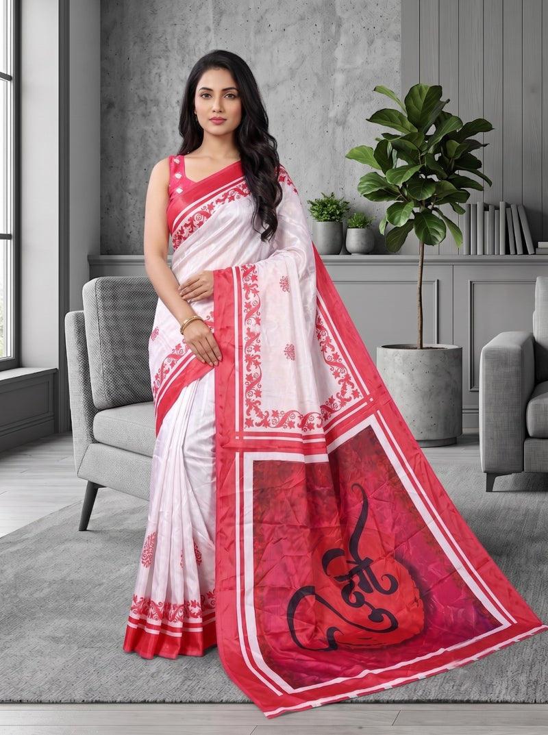 White Satin Blend Red Floral Border Printed Saree with Om Pallu