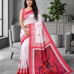 White Satin Blend Red Floral Border Printed Saree with Om Pallu