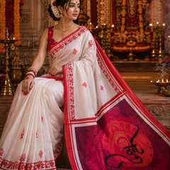White Satin Blend Red Floral Border Printed Saree with Om Pallu