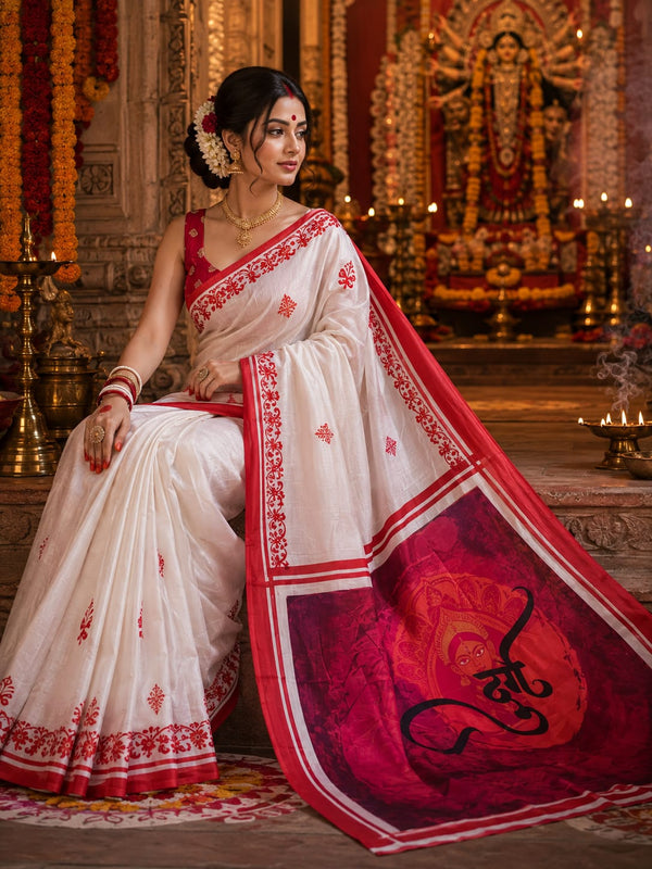 White Satin Blend Red Floral Border Printed Saree with Om Pallu