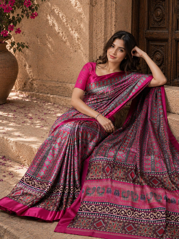 Rani Pink Black Traditional Printed Silk Saree With Designer Border