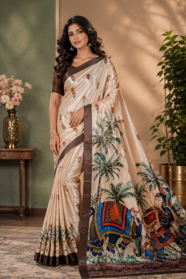 Beige Elephant Printed Silk Saree With Brown Border