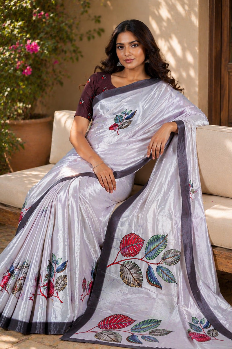 Silver Grey Leaf Print Silk Saree With Elegant Contrast Border