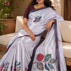 Silver Grey Leaf Print Silk Saree With Elegant Contrast Border