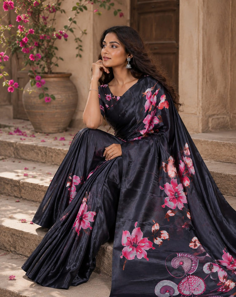 Elegant Black Floral Digital Print Chiffon Silk Saree
