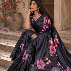 Elegant Black Floral Digital Print Chiffon Silk Saree