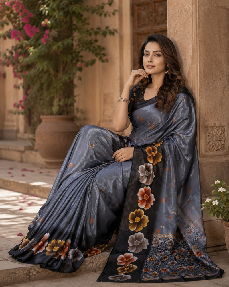 Charcoal Bloom Chiffon Silk Saree