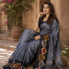 Charcoal Bloom Chiffon Silk Saree