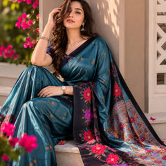 Midnight Teal Floral Chiffon Silk Saree