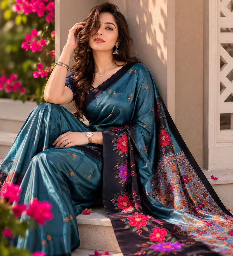 Midnight Teal Floral Chiffon Silk Saree