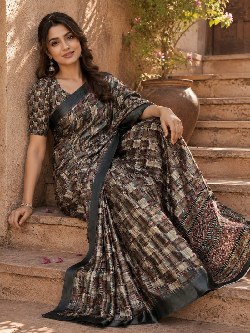 Grey Mosaic Mesh Chiffon Silk Saree