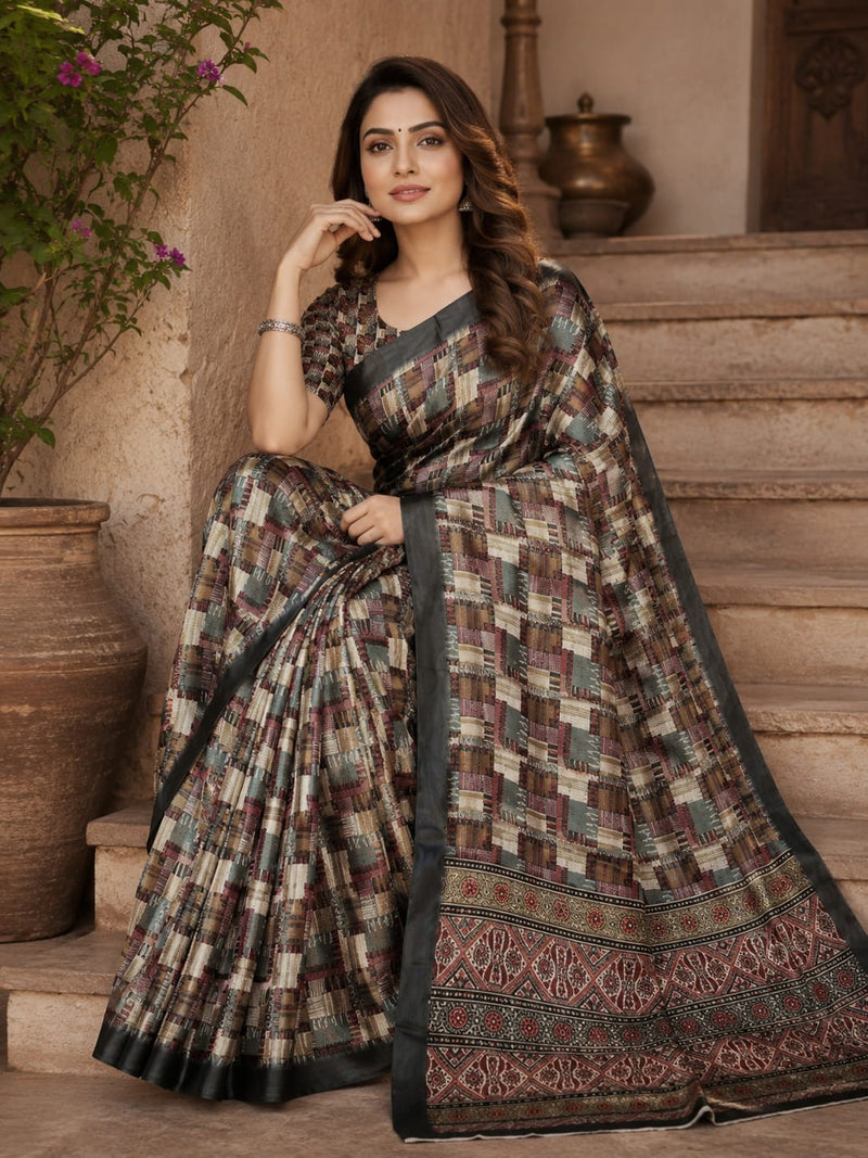 Grey Mosaic Mesh Chiffon Silk Saree