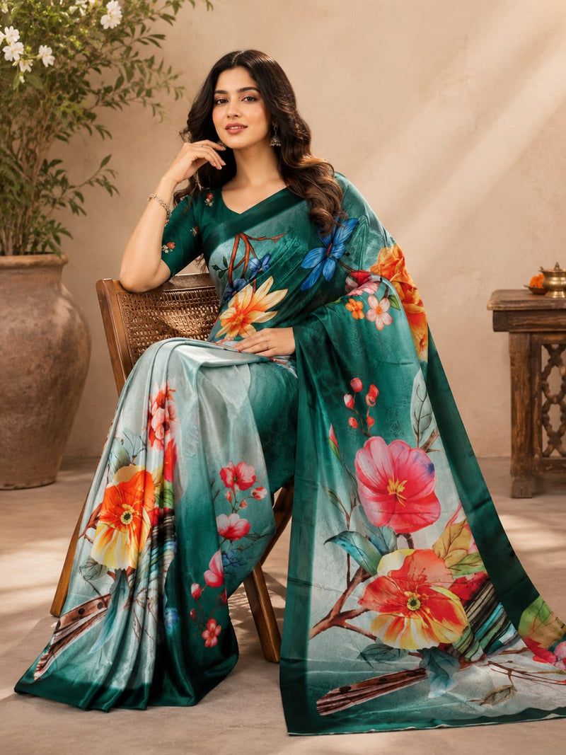 Enchanted Emerald Chiffon Silk Saree with Vivid Botanical Digital Print