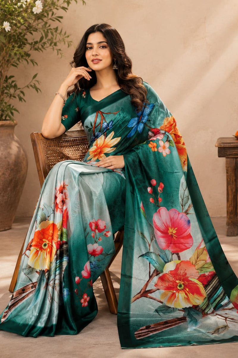 Enchanted Emerald Chiffon Silk Saree with Vivid Botanical Digital Print