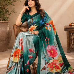 Enchanted Emerald Chiffon Silk Saree with Vivid Botanical Digital Print