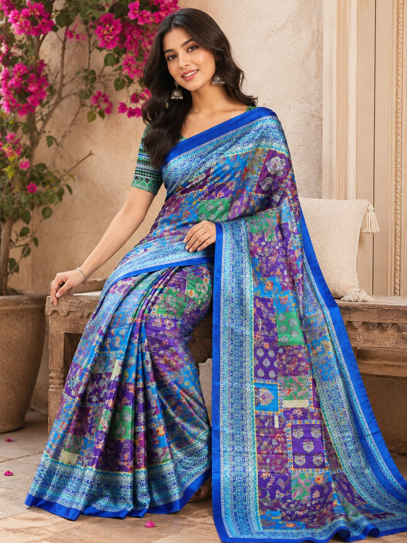 Royal Blue Multi-Mosaic Paithani Print Satin Saree