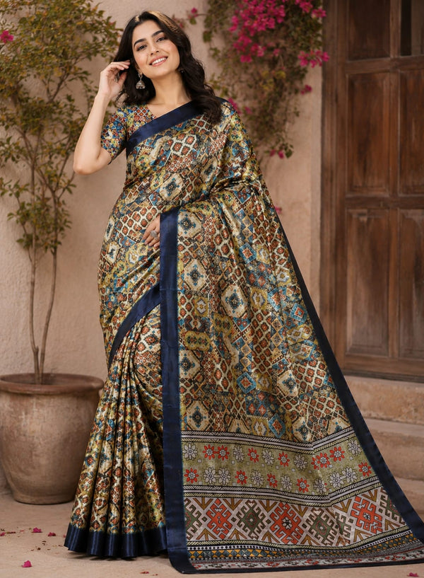 Classic Multicolor Geometric Ethnic Print Chiffon Silk Saree