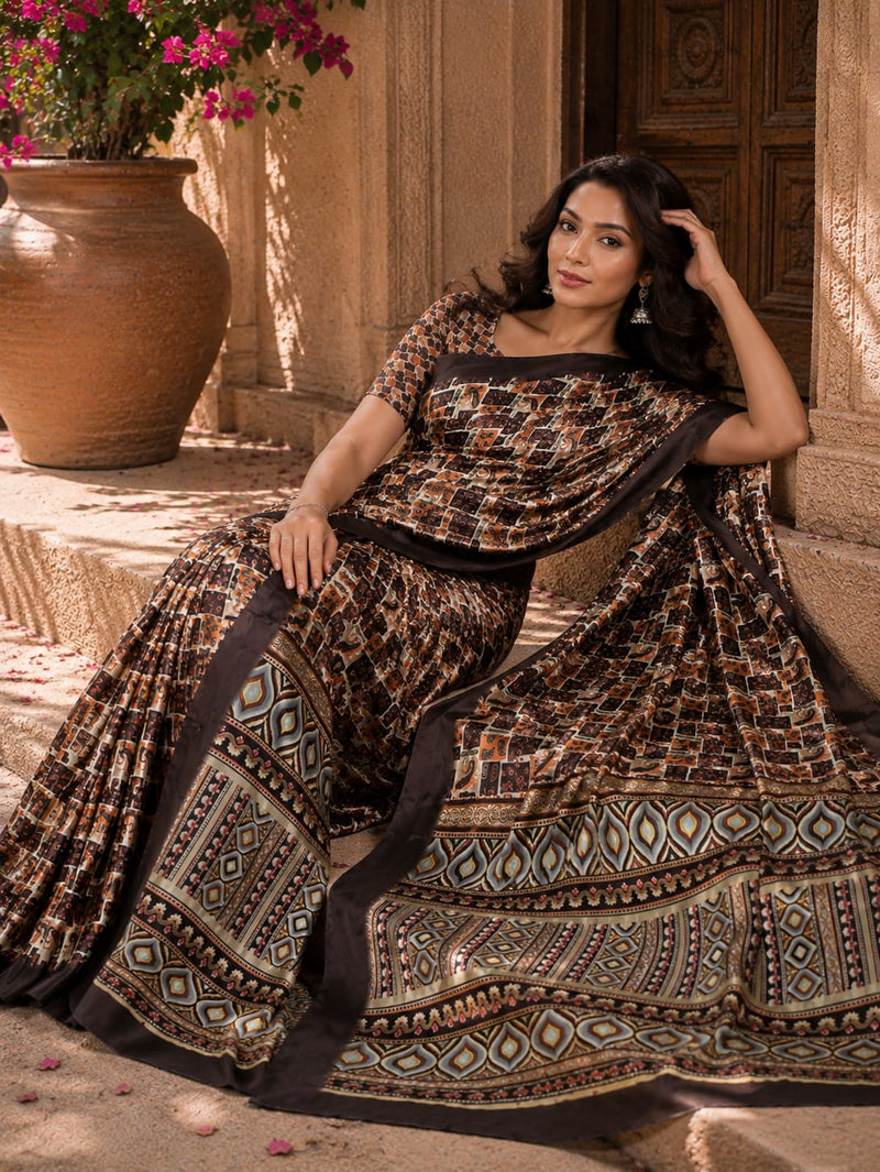 Grey Mosaic Mesh Chiffon Silk Saree