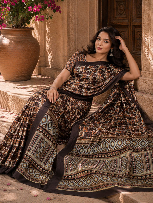 Grey Mosaic Mesh Chiffon Silk Saree