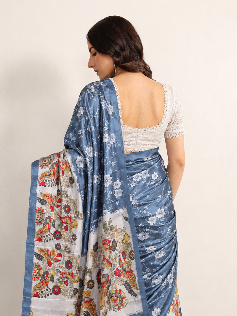 Steel Blue Paithani Print Satin Saree