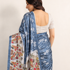 Steel Blue Paithani Print Satin Saree