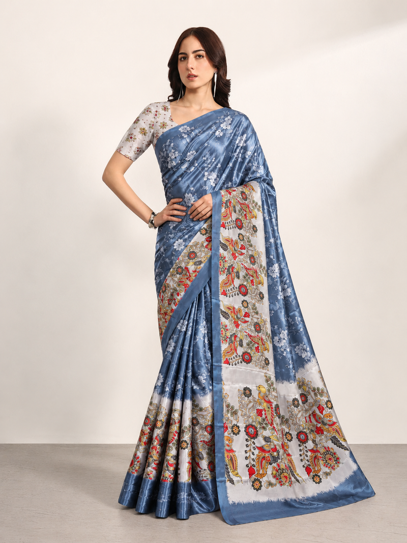 Steel Blue Paithani Print Satin Saree