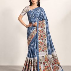Steel Blue Paithani Print Satin Saree