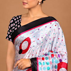 Off-White Satin Blend Saree with Multicolor Polka Dots & Red Accents
