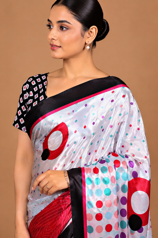 Off-White Satin Blend Saree with Multicolor Polka Dots & Red Accents