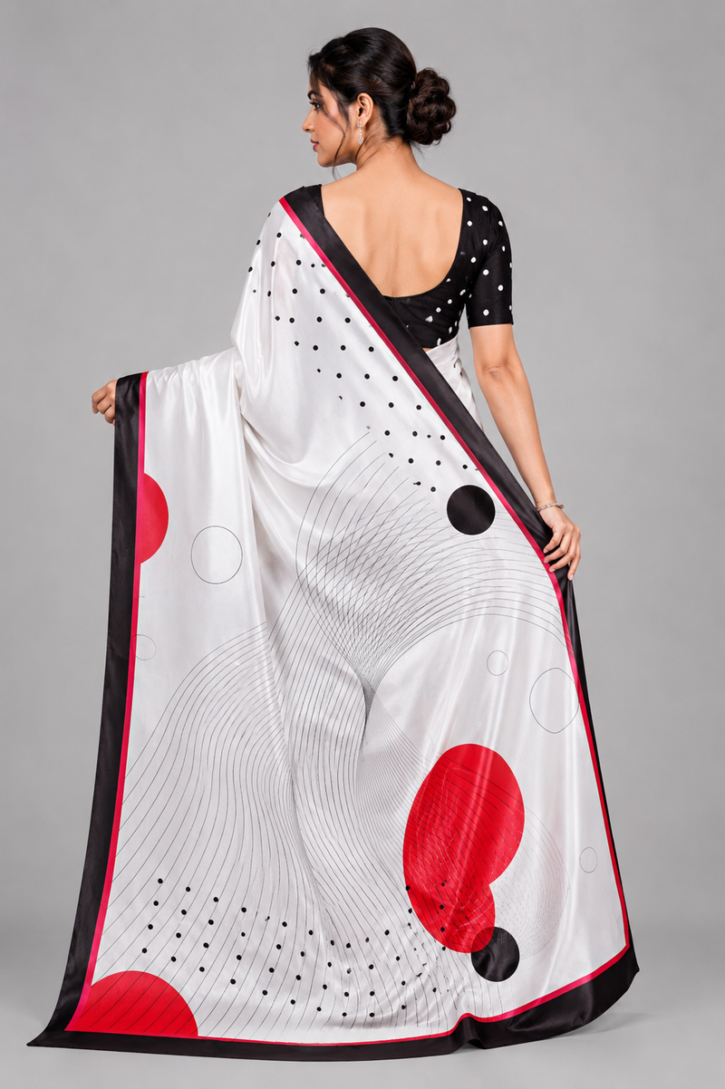 Off-White Satin Blend Saree with Red Polka Dots & Abstract Prints