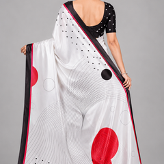 Off-White Satin Blend Saree with Red Polka Dots & Abstract Prints