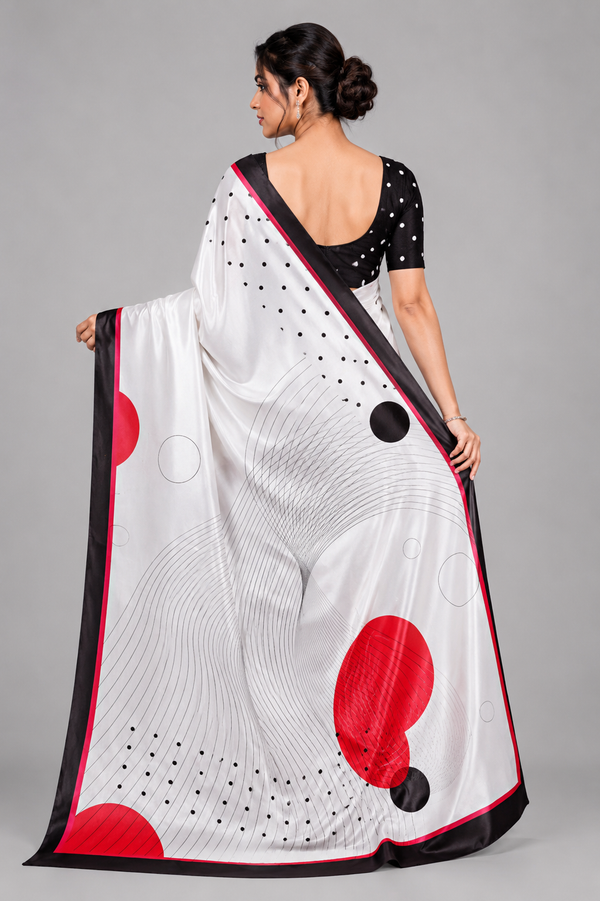 Off-White Satin Blend Saree with Red Polka Dots & Abstract Prints