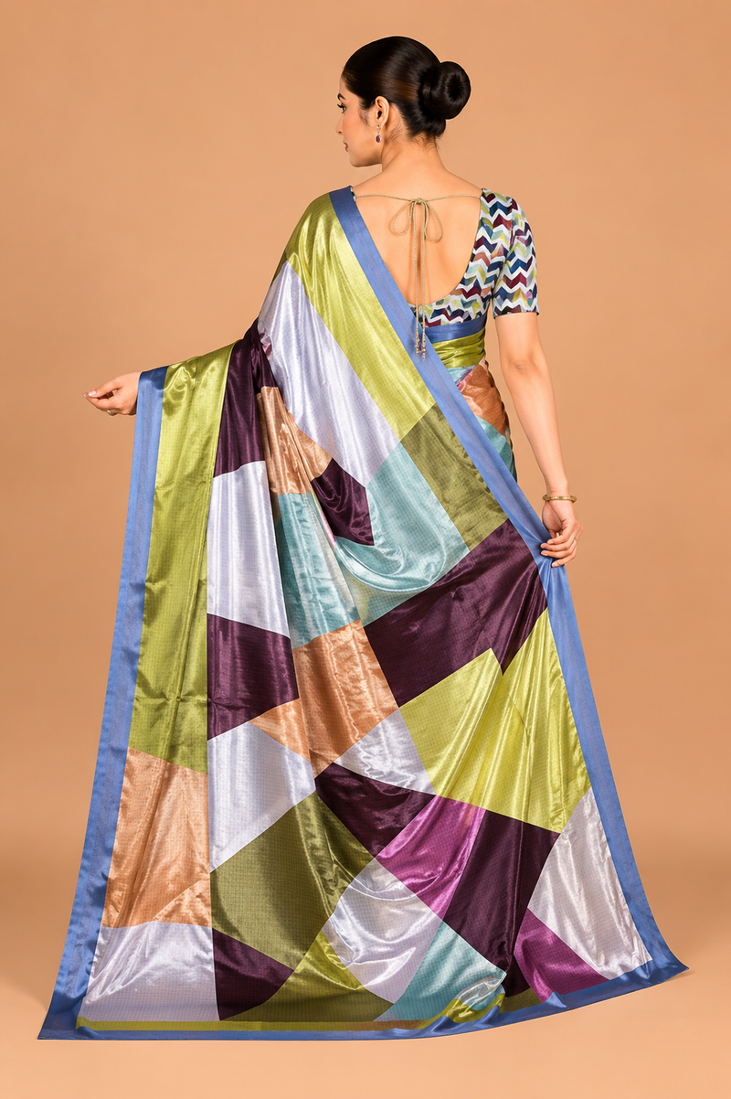 Multicolor Geometric Color-Block Satin Blend Saree