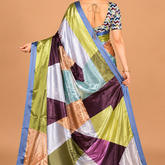 Multicolor Geometric Color-Block Satin Blend Saree