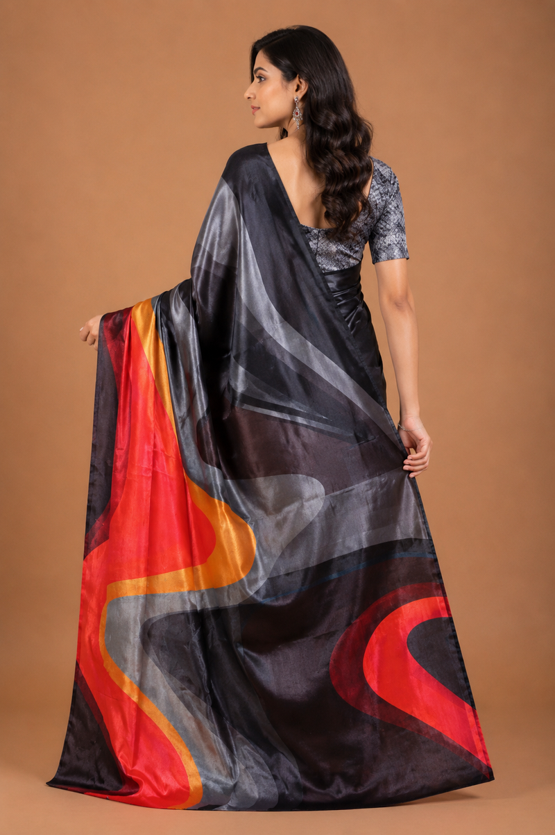 Black and Grey Satin Blend Saree with Red Abstract Pallu