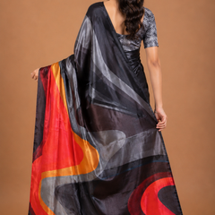 Black and Grey Satin Blend Saree with Red Abstract Pallu