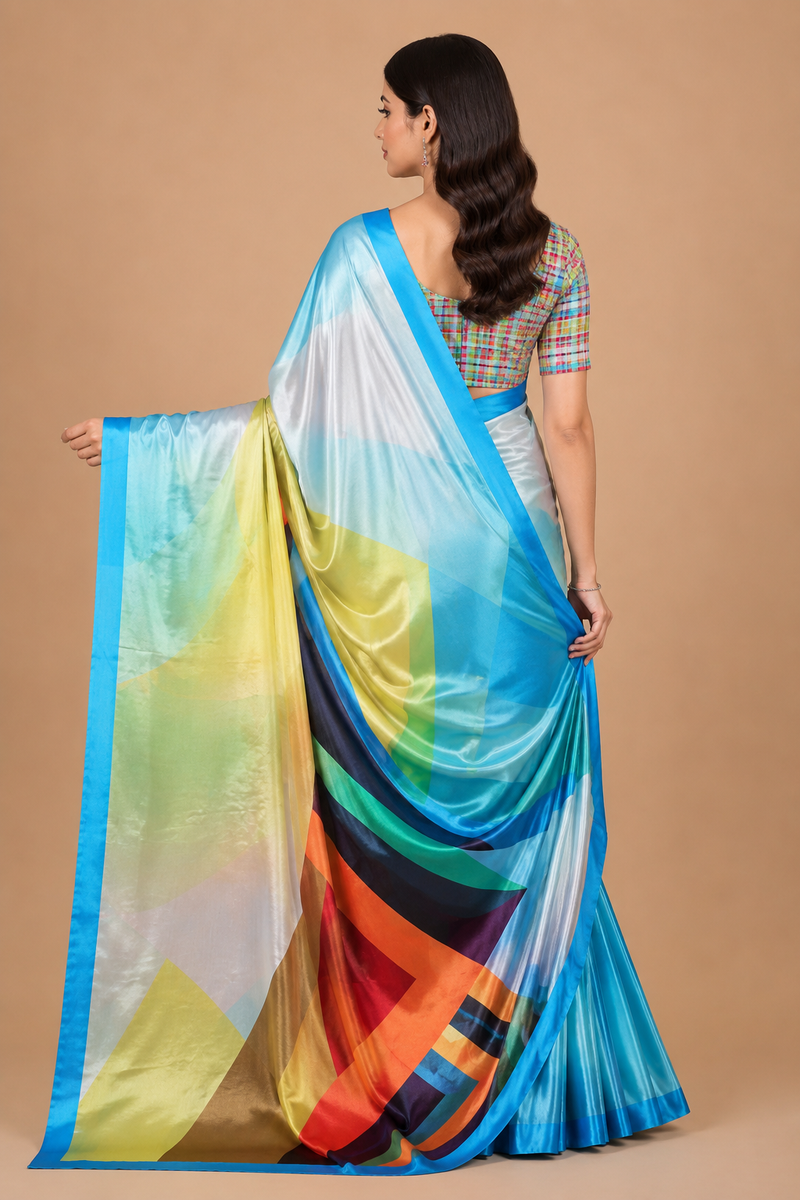 Multicolor Abstract Geometric Digital Print Satin Blend Saree