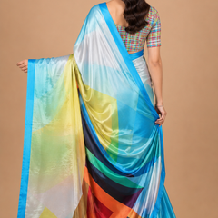 Multicolor Abstract Geometric Digital Print Satin Blend Saree