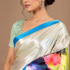 Ivory Silver Abstract Print Silk Saree with Blue Border