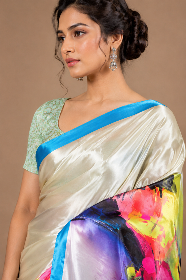 Ivory Silver Abstract Print Silk Saree with Blue Border