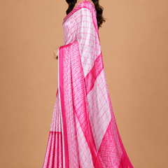 Pink and White Leheriya Print Satin Blend Saree