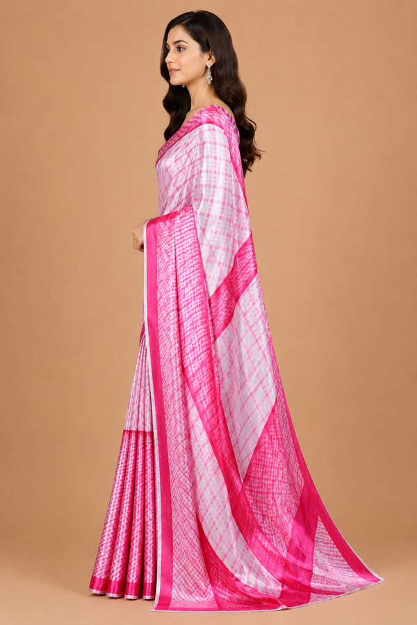 Pink and White Leheriya Print Satin Blend Saree