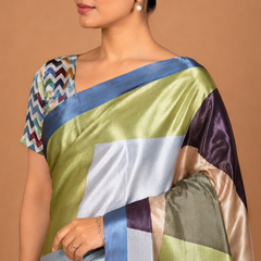 Multicolor Geometric Color-Block Satin Blend Saree