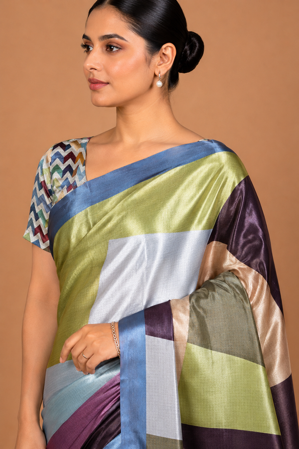 Multicolor Geometric Color-Block Satin Blend Saree