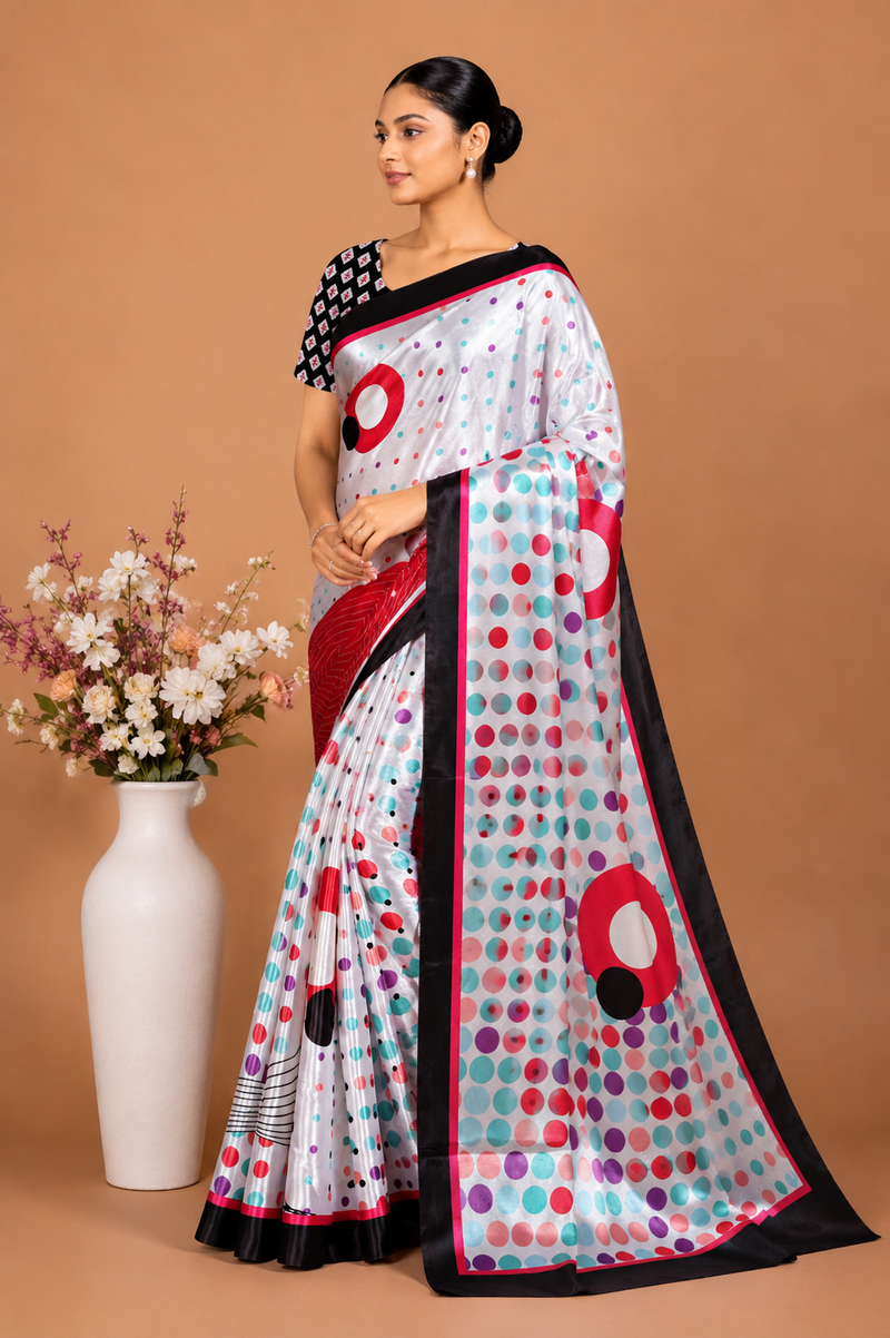 Off-White Satin Blend Saree with Multicolor Polka Dots & Red Accents